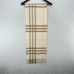 Burberry Scarf Classic Check Cashmere Tan Cream Fringe Made In Scotland Unisex